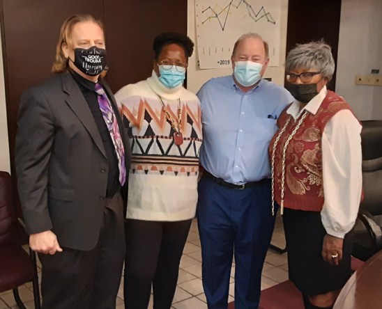 From left to right: Chairperson Scotty Boman, Vice Chairperson Karen Knox, Mayor Mike Duggan, and Senior Issues Representative Jocelyn Harris.